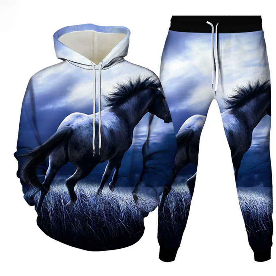 Autunno Animale Cavallo 3D Stampato Felpa con cappuccio Vestito da uomo Felpe Pantaloni sportivi Moda casual Due pezzi Tuta Set Abbigliamento uomo