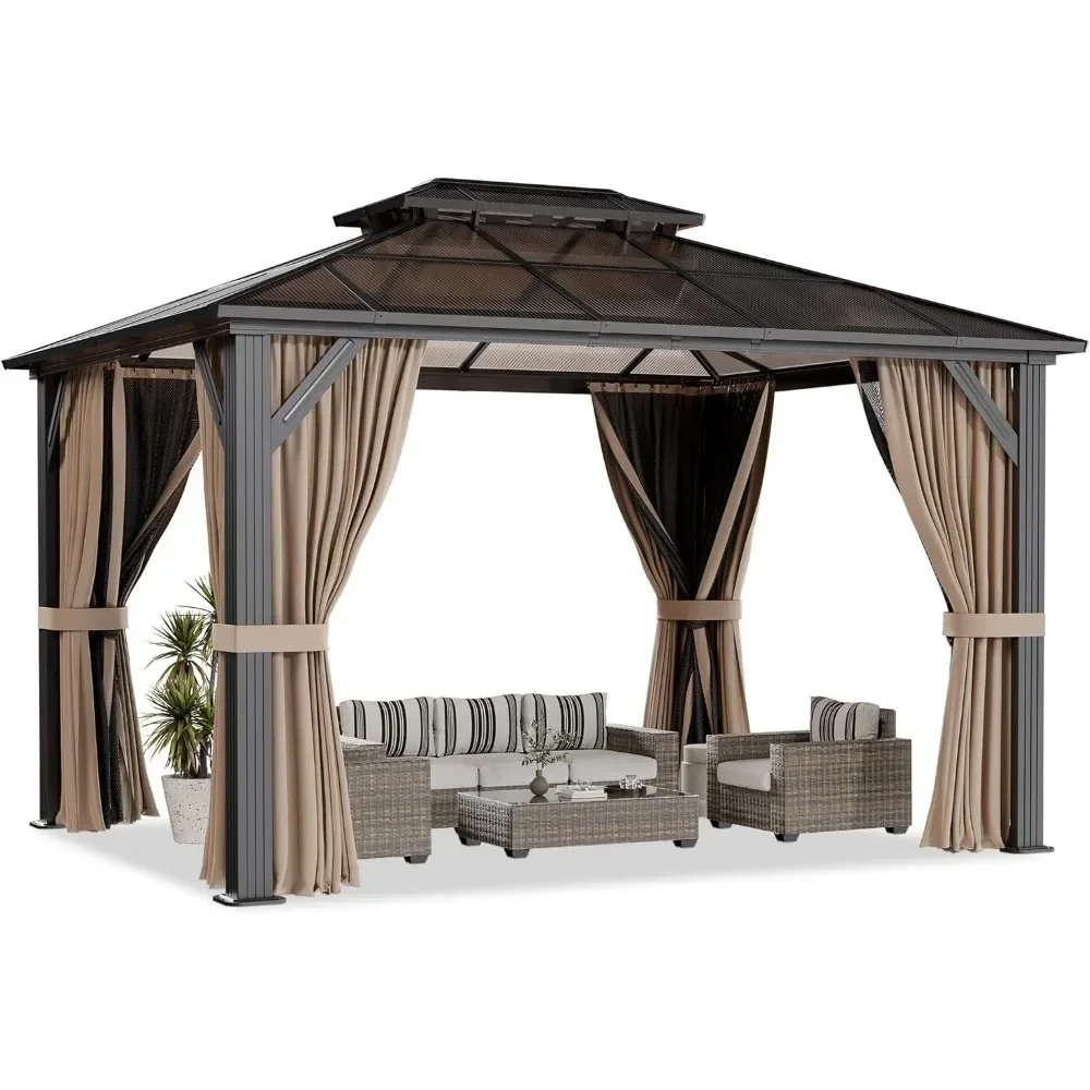 

Hardtop Gazebo Polycarbonate Roof Aluminum Frame Permanent Pavilion Curtains Netting Sunshade Garden Patio Lawn, Custom