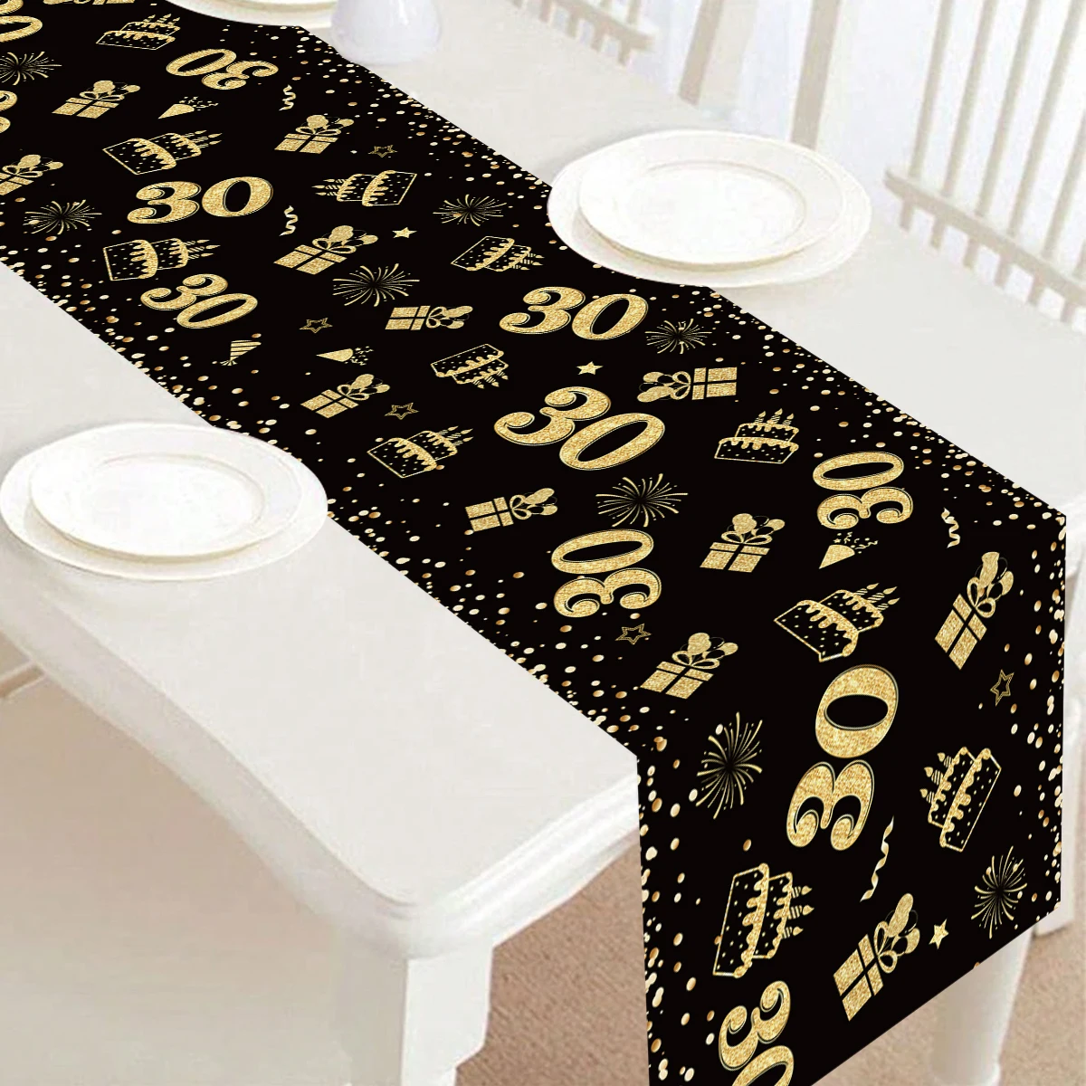 Camino de mesa de oro negro para 18, 30 y 40 cumpleaños, decoración para fiesta de feliz cumpleaños, camino de mesa para el hogar, suministros para fiesta de cumpleaños