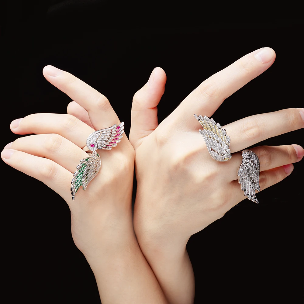 014428 Anelli romantici per le donne Anello con ali d\'angelo Gioielli da sogno Cubic Zirconia Gioielli con dita Accessori da sposa per feste di nozze