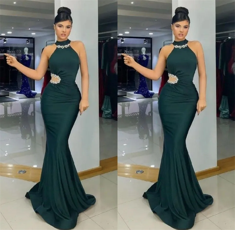 Sexy Designer Evening Dresses Mermaid Beading High Neck Cutaway Side Dark Green Formal Women Prom Gowns Night Party Outfits