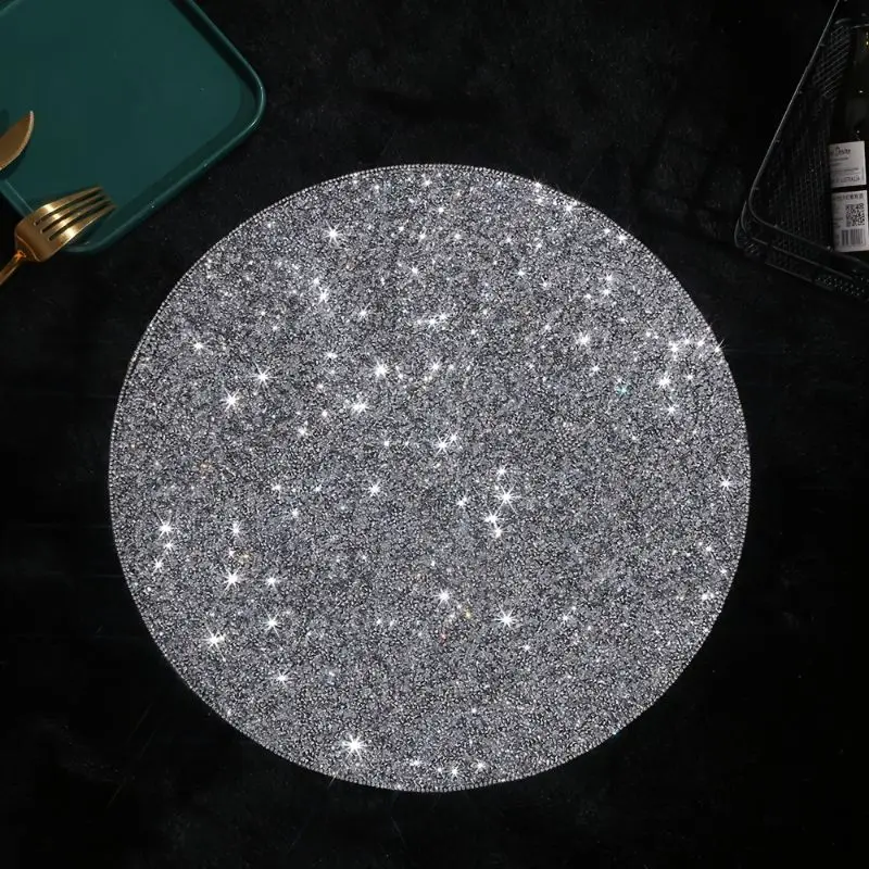 VIKAMA Silver Glitter Sequin Round Placemat Sparkly Bling Party Wedding Holiday Table Mat Luxury Aesthetic Decor Soft Durable