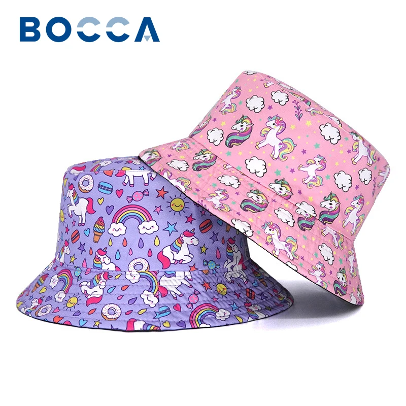 Bocca Children Bucket Hat Cartoon Unicorn Printing Girls Kids Fisherman Hats Pink Pattern Reversible Cap Summer Outdoor Sun Cap