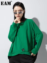 [EAM] Women Green Asymmetric Big Size Casual T-shirt New Round Neck Long Sleeve Fashion Tide Spring Autumn 2024 1DF5725