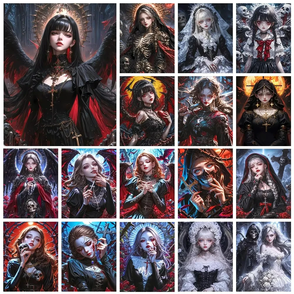 Diamant-Malerei, Cartoon-Mädchen, Bastelset, Vampir-Schädel, dunkler Engel, Bild, Strass-Mosaik, Kreuzstich, Dekor, Heimkunst, Geschenk
