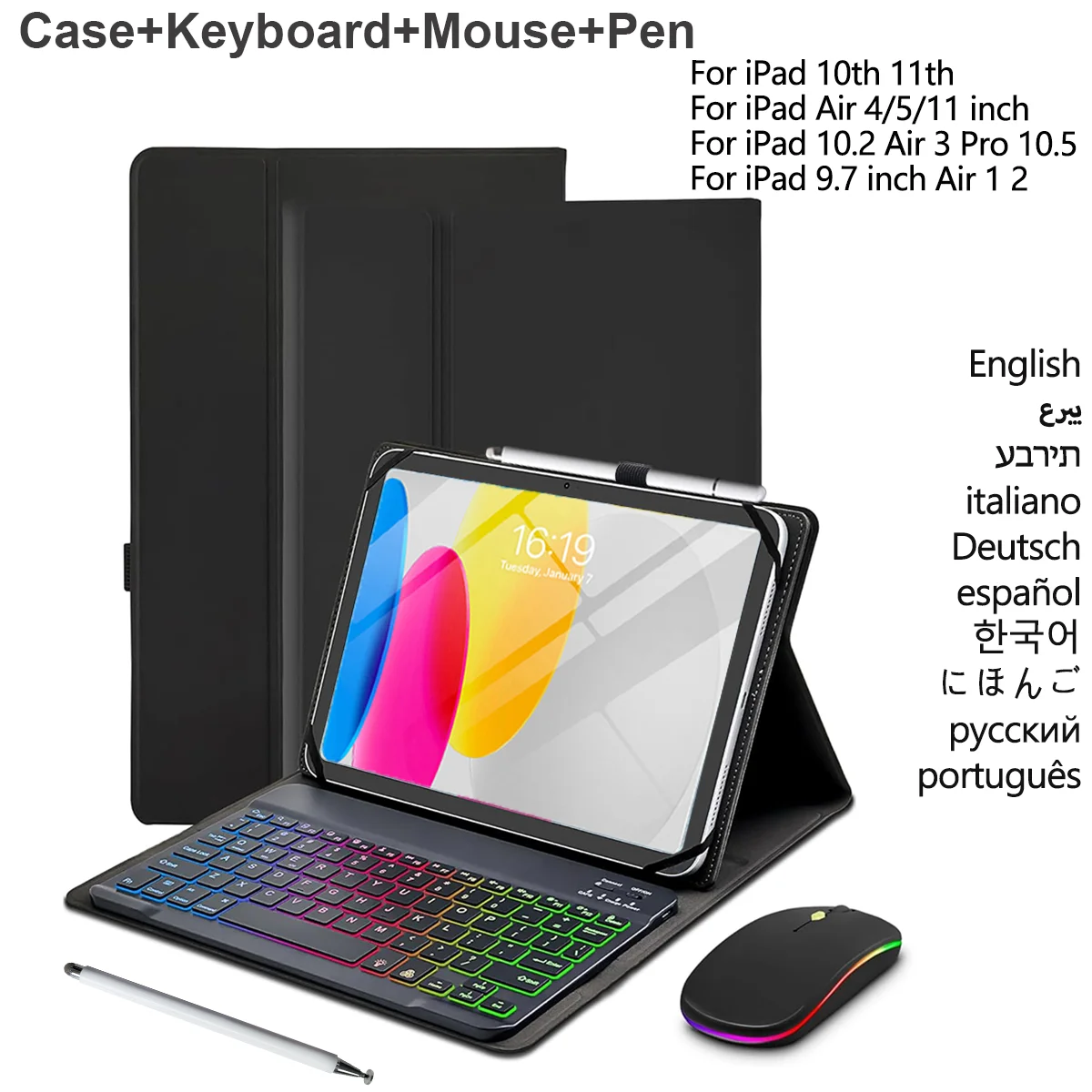 Case Keyboard for 9.7-11inch iPad A16 11th/10th Air 11inch 5th/4th iPad 10.2/10.5/9.7inch with Backlit Keyboard Mouse and Stylus
