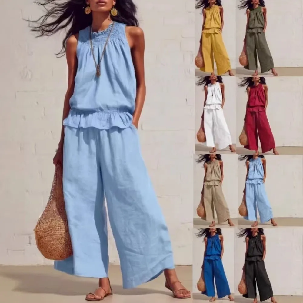 Faux Linen Ruffle Outfit Ruffle Hem Smocked Neckline Ladies' Suit Lightweight Woven Sleeveless Summer Pants Set Beach Vacation