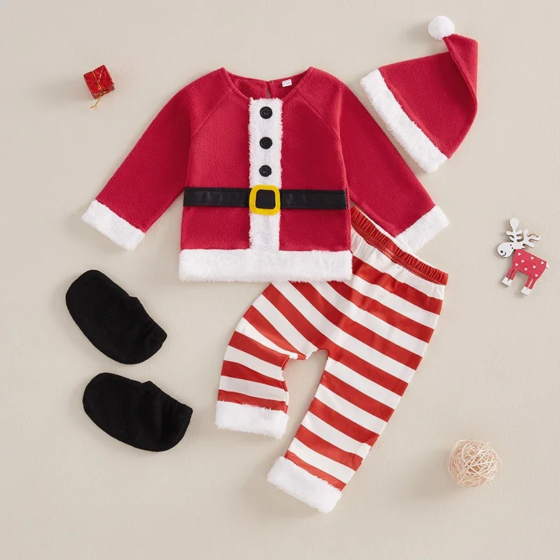 Toddler Baby Boys Girls Christmas Clothing Outfits Long Sleeve Patchwork Tops+ Striped Pants+ Hat+Shoes Covers Cosplay Costume