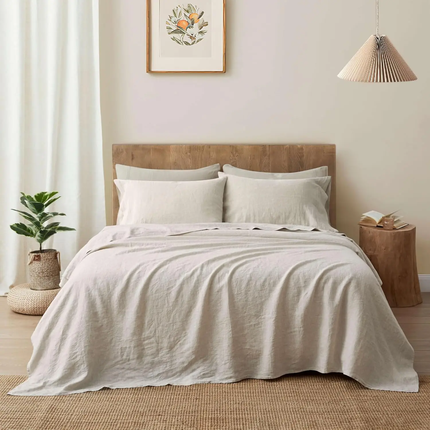 

Комплект постельного белья из французского льна с эффектом stonewash - простыня на резинке с глубоким карманом, плоская простыня в стиле фермерского дома и 2 наволочки, натуральный цвет, размер Queen