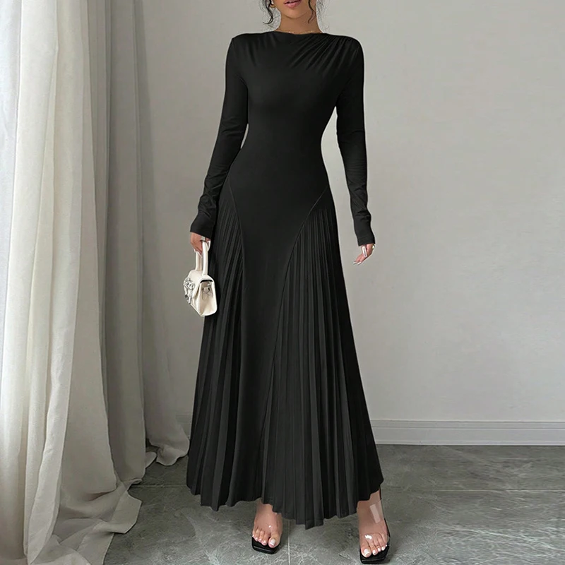 Autumn Winter Simple Solid Color Knitted Dress Women O Neck Long Sleeve Pleated Office Dress New Elegant Slim Robe Dress Vestido
