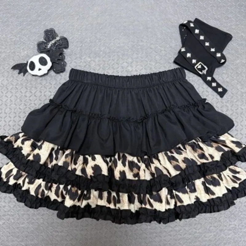 

New Arrival Harajuku Japanese Spliced Tiered Skirts Y2k 2000s Pleated Leopard Print A-line Women Jupe High Street Punk Skirt