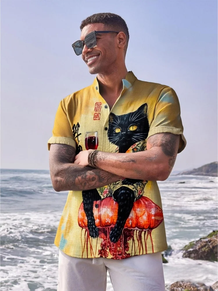 

Men's Jellyfish Black Cat Drinking Red Wine Print Short Sleeve Shirt Summer Holiday Outdoor Wear Gym Sports Yellow Shirts Chic