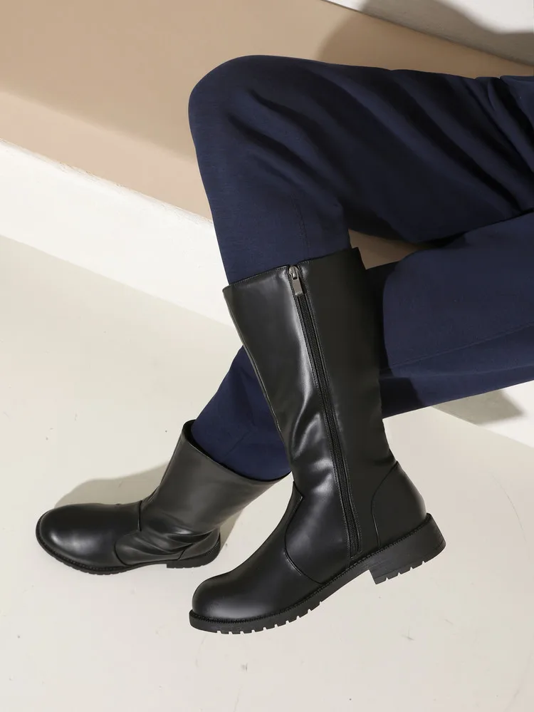 Men's Knight Boot with Belt Buckle High Top Autumn Winter Fashion Casual round Toe Anti-Slip Rubber Outsole Leather Lined