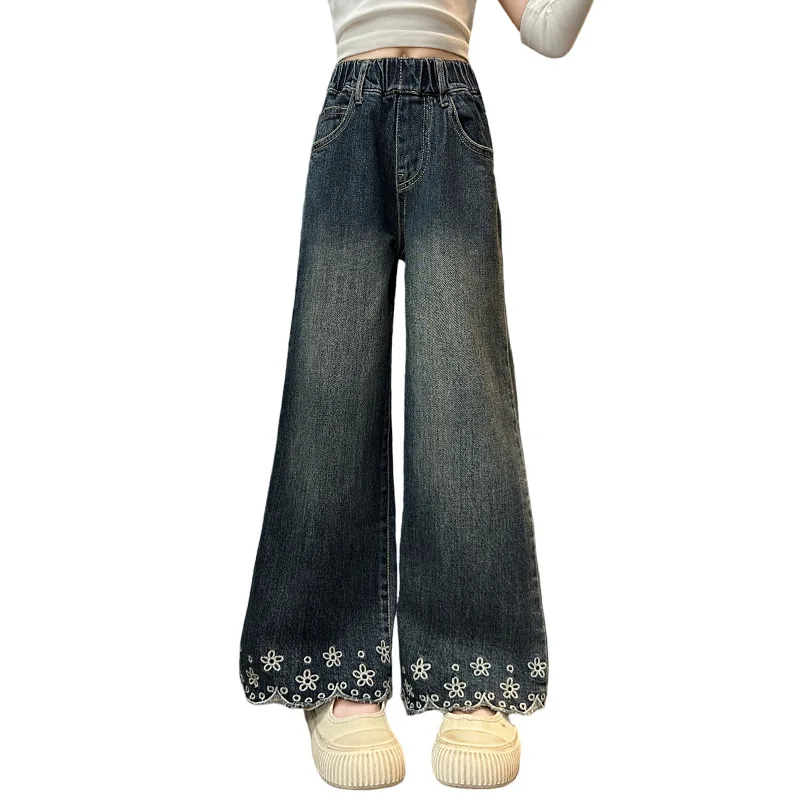 الفتيات الربيع والخريف الجينز 2025 نمط جديد في سن المراهقة الأطفال المطرزة بنطال ذو قصة أرجل واسعة الفتيات فضفاض مستقيم الساق بنطلون #5