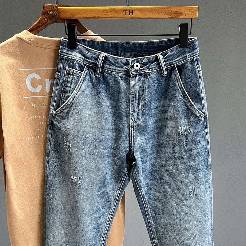 New Frayed Jeans Men Baggy Personality Tapered Casual Pants Streetwear Hip Hop Vintage Blue Denim Trousers Male Trendy Brand
