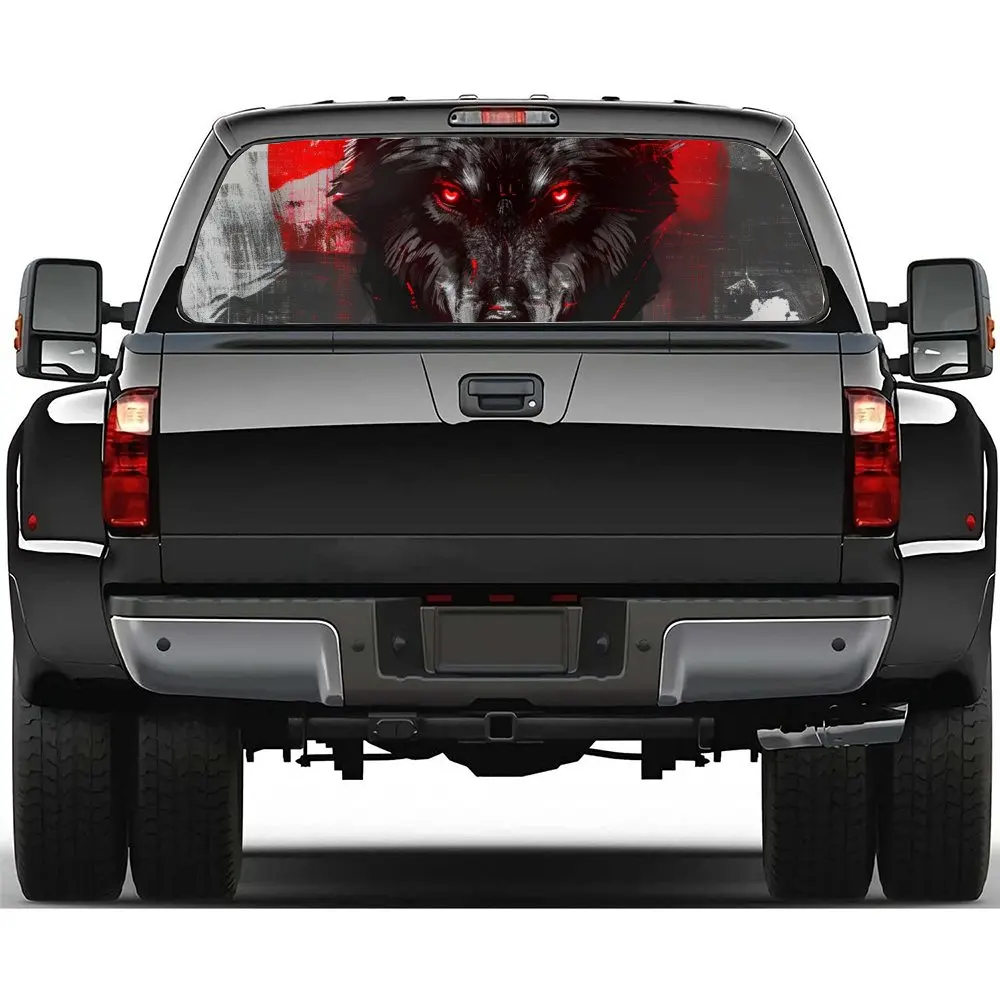 Red Eyes Wolf with Red Sun Car Rear Windshield Sticker Truck Window See Through Perforated Back Window Vinyl Decal Decoration