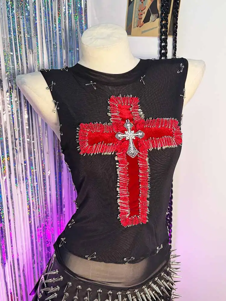 في سن المراهقة Harajuku ملابس للنادي ايمو خلل الأساسية الصليب E-الفتيات دبوس موضة إحياء الشرير الصخرة Y2K القمم القوطية تانك يدوية الجرونج القوطي