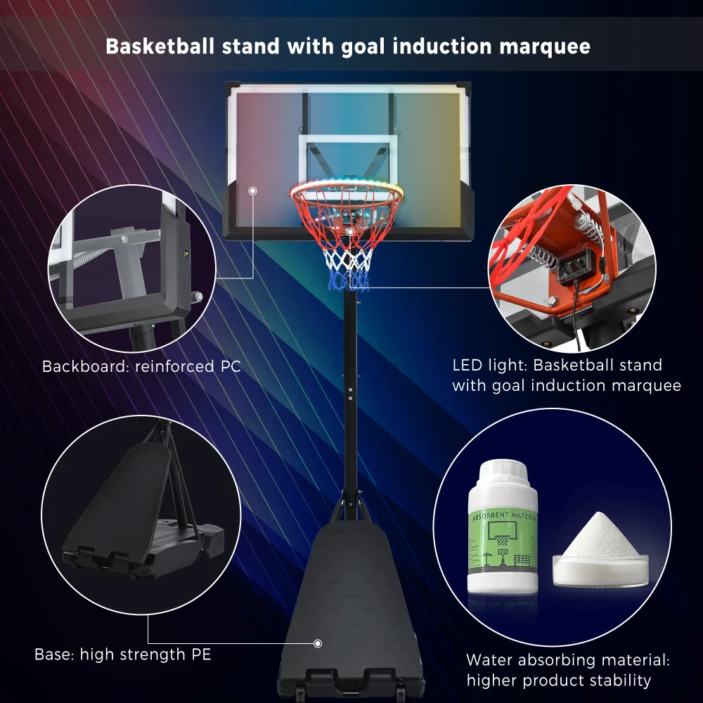 Portable Basketball Hoop Basketball System 8-10ft Height Adjustable Colorful Lights Waterproof Super Bright To Play At Night