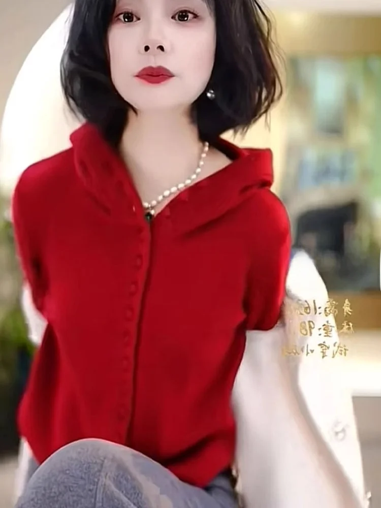 السنة الجديدة الأحمر فضفاض محبوك قبعة سترة طويلة Sve عادية Ele المرأة لينة مريحة ملابس خارجية الكورية Sle قطع مستقيمة