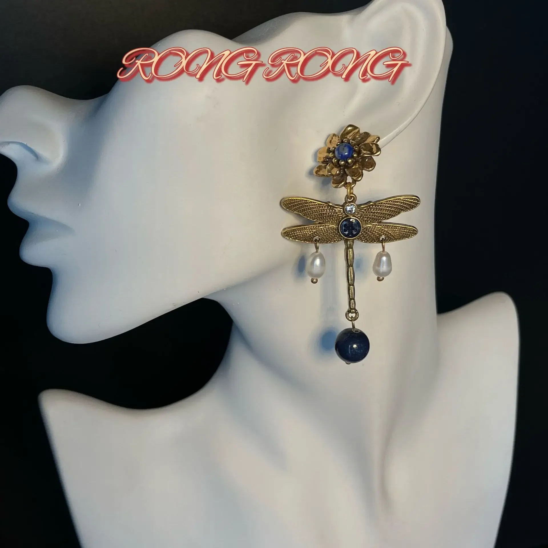 Antique Dragonfly Freshwater Pearl Earrings European and American Retro Personality Lapis Lazuli Exaggerated Vintage Earrings