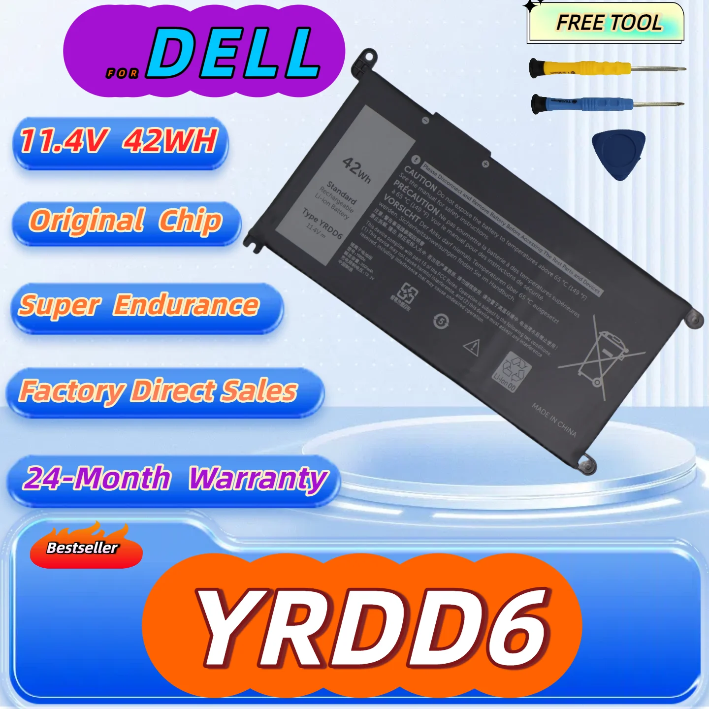 

YRDD6 Battery for DELL Inspiron 5482 5480 5481 5485 5491 5591 5593 3583 3310 2-in-1 3493 3582 3593 Free Tool 24Months Warranty