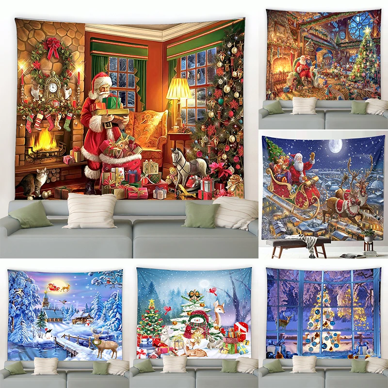 Christmas decoration tapestry Santa Claus with reindeer gifts  tree  wall hanging New Year home 