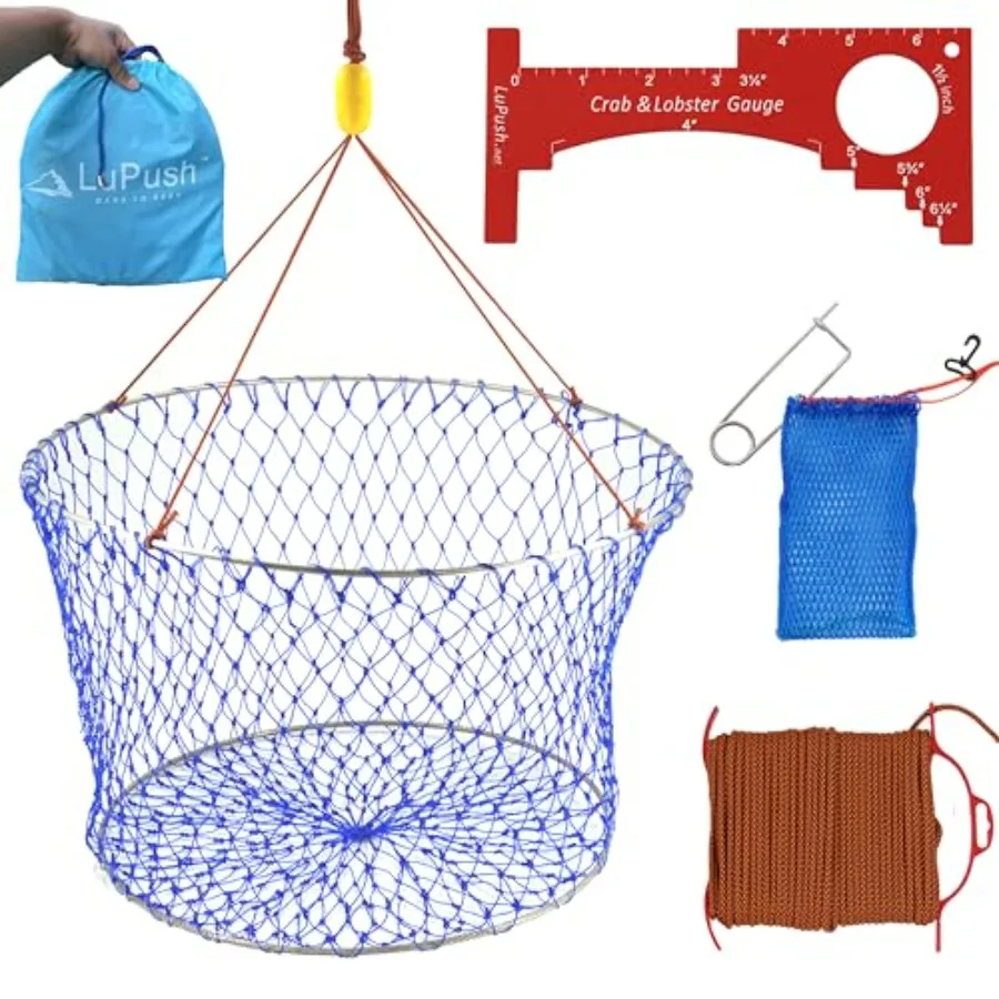 

Collapsible Crab Net with 100Feet Rope Bait Bag Clip and Ruler 6 Pieces Portable Crab Trap for Easy Storage Durable Grid Design