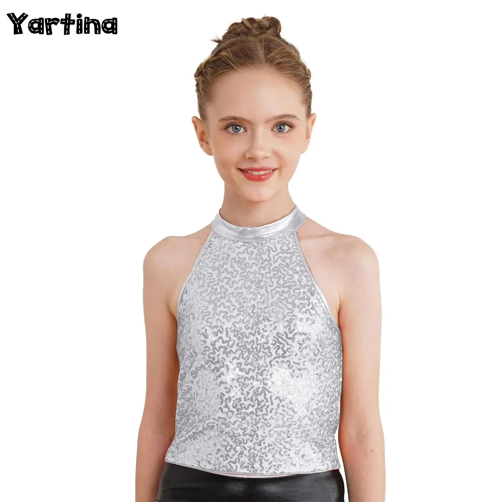 Kids Girls Sparkling Sequin Halter Crop Top Gymnastics Jazz Dance Performance Tops Sleeveless Backless Tops for Cheerleading