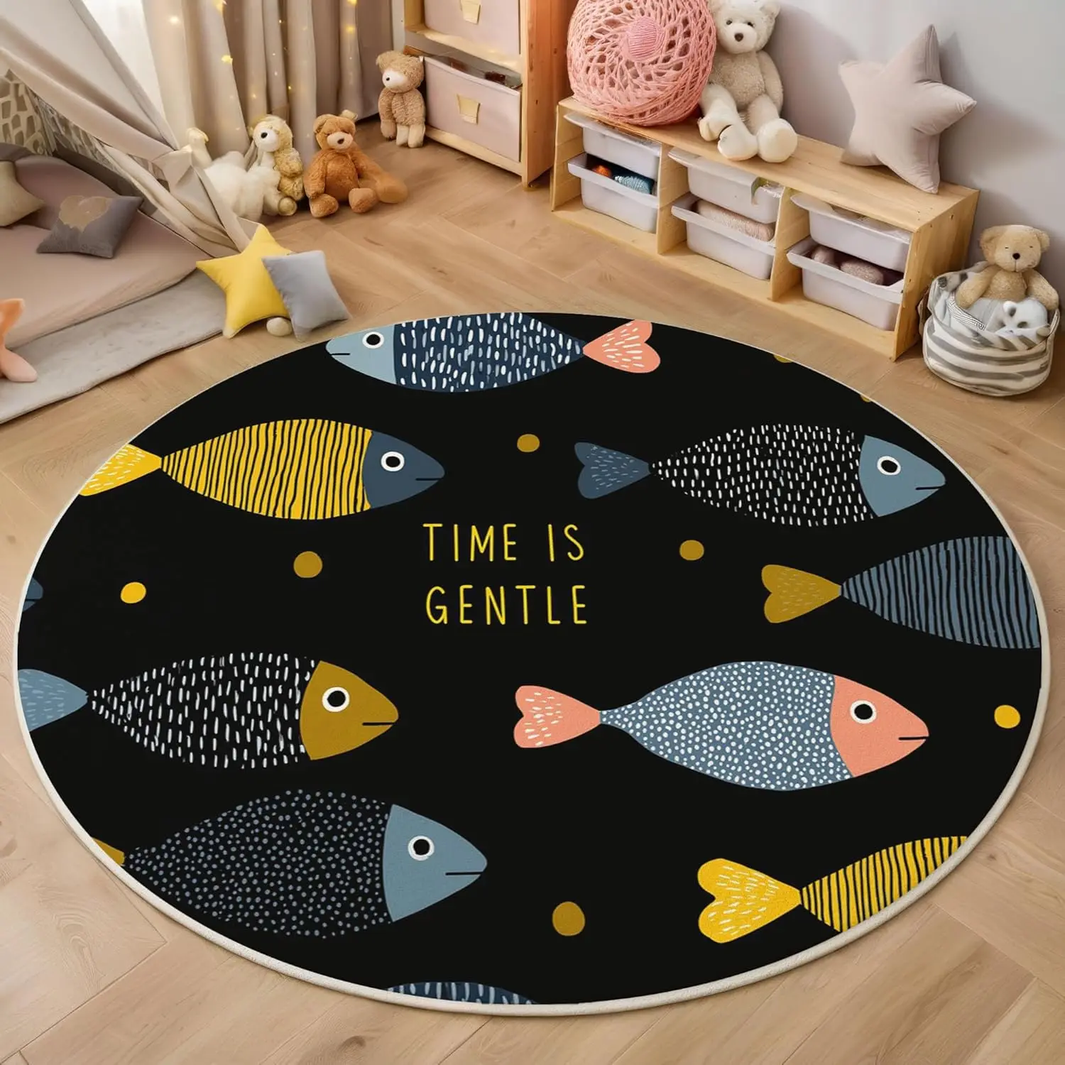 Cartoon Style Round Rug Washable Bedroom Round Area Rugs for Entryway,Soft Living Room Circular Rugs,Cute Fish Pattern Non-Slip