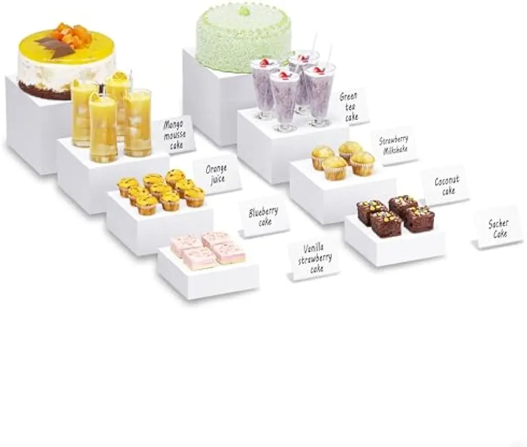 

White Acrylic Cube Display Risers with Mini Signs, Stackable for Buffet Dessert Catering (2 Sets, 6-8 Inches)