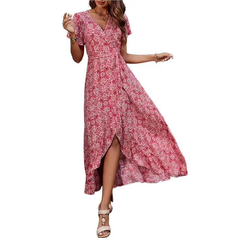 

CYL-Women Summer Maxi Dresses Wrap Short Flutter Sleeve V Neck Flowy Ruffle Wedding Guest Dresses