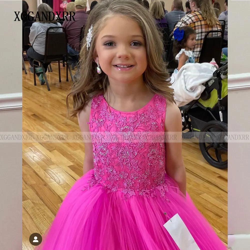 Precioso vestido de niña de flores rosa para bodas, vestido de fiesta para niños pequeños 2023, hermoso vestido de princesa con Apliques de encaje, dulce 15