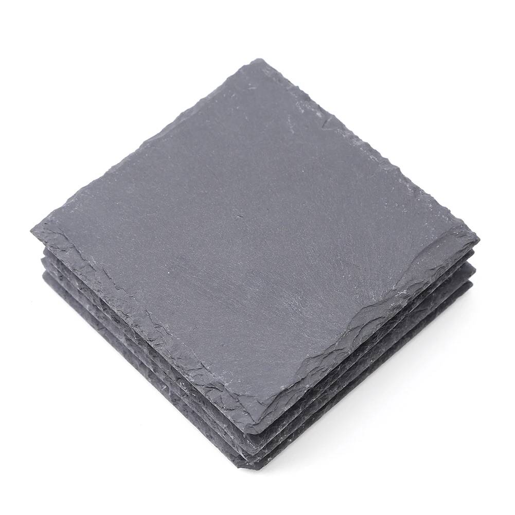 

4pcs Cup Mat Reusable Natural Slate Drink Coaster Pad Eco-Friendly Square Sturdy Holiday Gifts Decorative Props for Home Kitchen