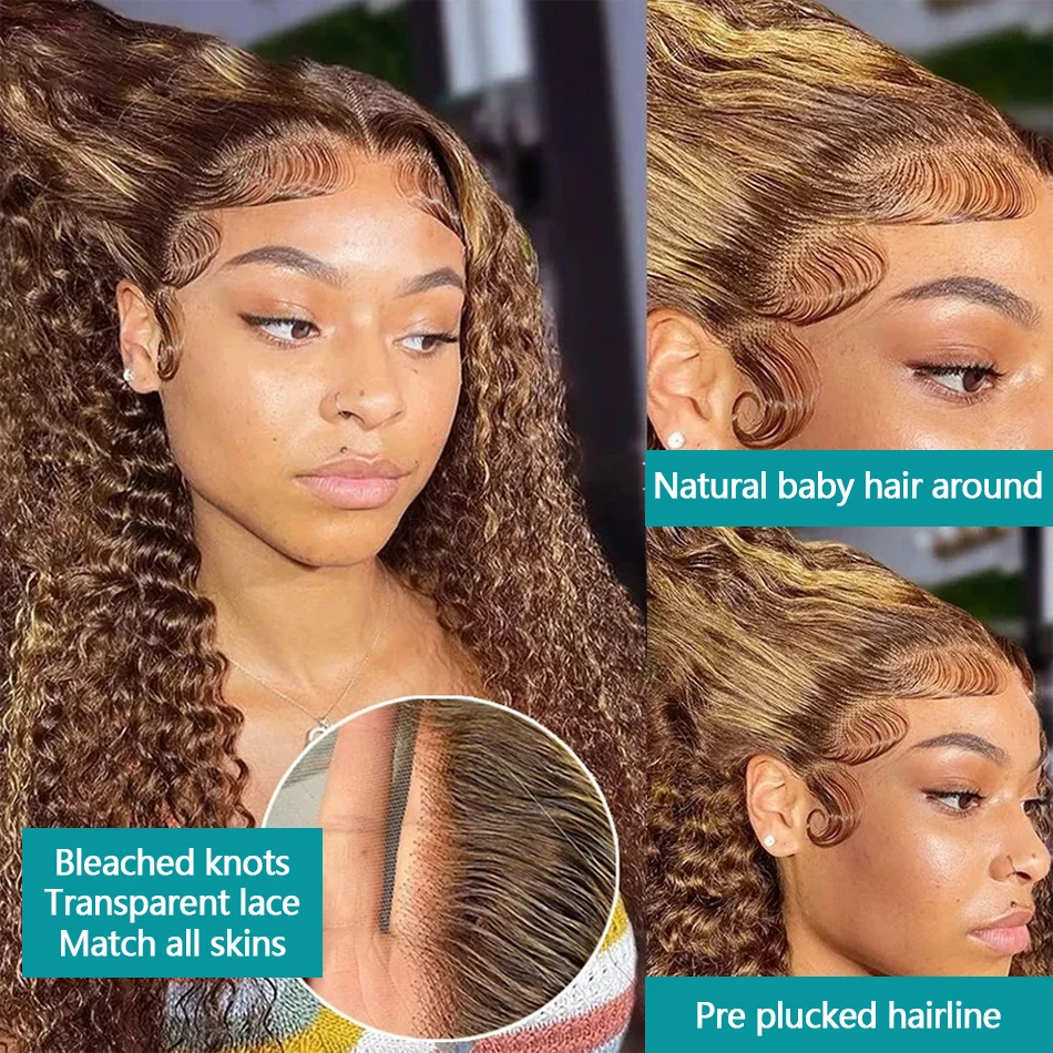 HD 13x4 13x6 Brown Lace Front Wig Honey Blonde Colored Curly Human Hair Wigs Highlight Wig Human Hair Deep Wave Lace Frontal Wig