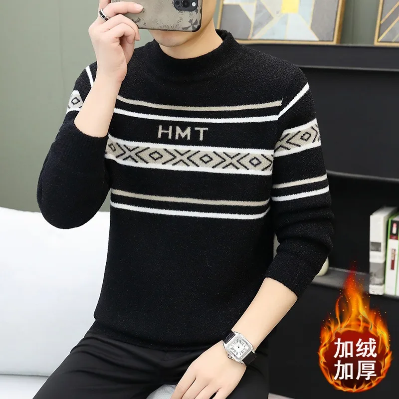 Winter Integrated Velvet Thick Men's Sweater Letter Jacquard Round Neck Knitted Pullovers Social Casual Knitwear Tops Streetwear