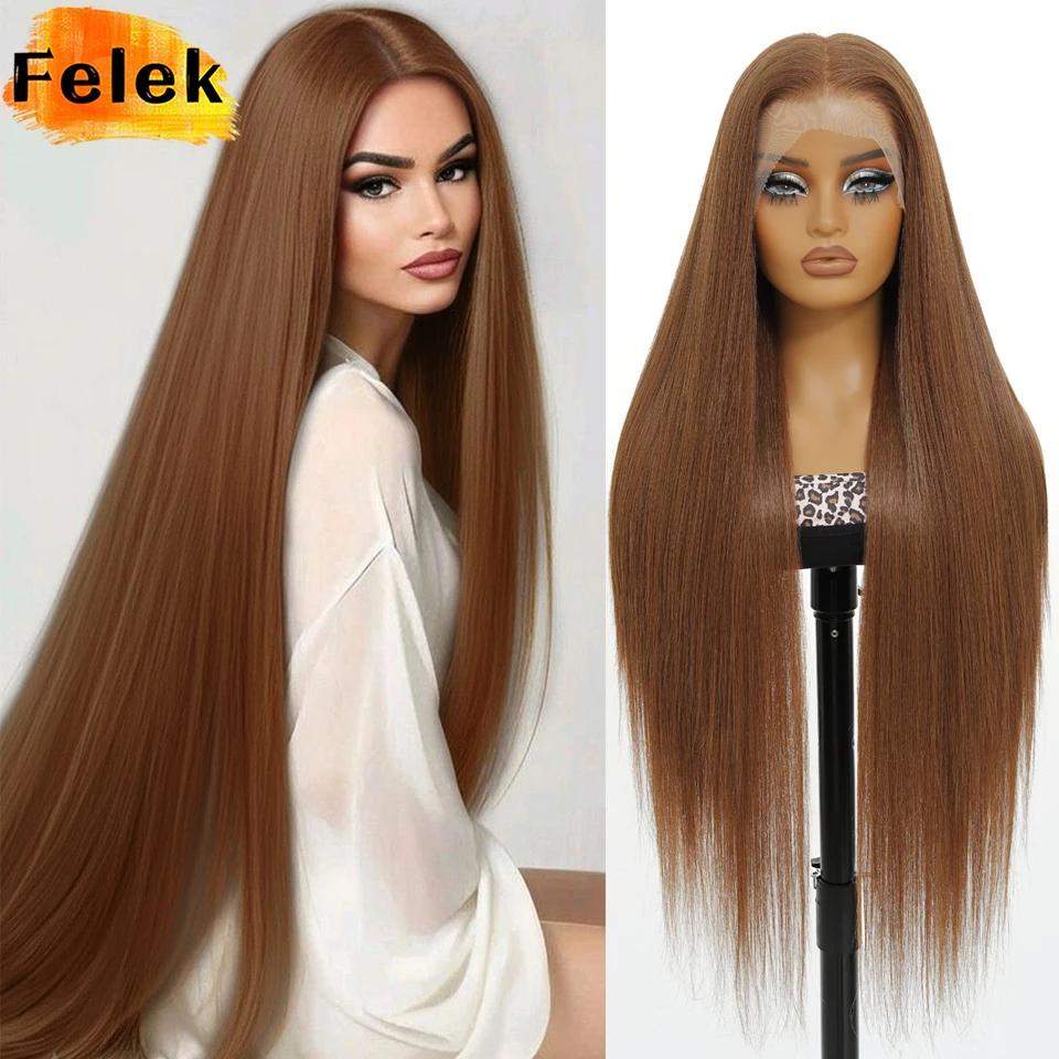 Braune, superlange 40-Zoll 13x6 Lace Frontal Perücken für Frauen, synthetische, seidig glatte Perücken, schwarz, hohe Qualität, einfach zu tragen, Cosplay-Perücken