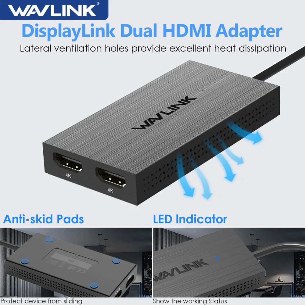 

WAVLINK DisplayLink Dual 4K@60Hz Display Adapter USB C to Dual HDMI Converter Type C Monitor Hub For Dell HP Surface Lenovo Mac