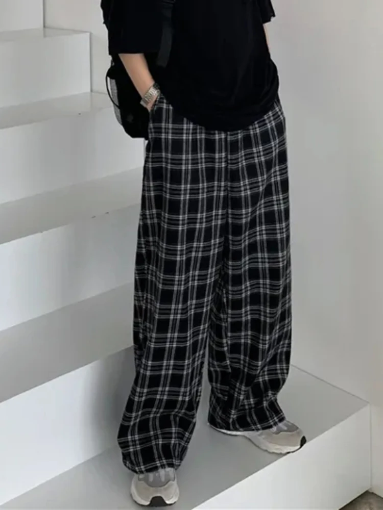 

ZOKI Women Plaid Pants Casual Black Oversize Loose Summer Wide Leg Trouser Retro Teens Harajuku Hip Hop All Match Streetwear