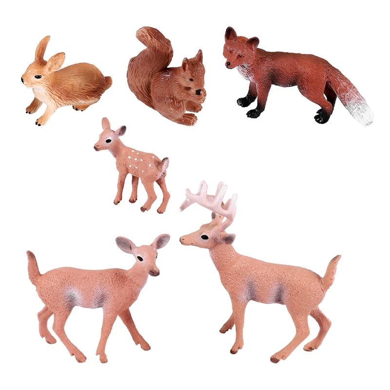 6 Pieces Woodland Animals Figures Forest Creatures Figurines Squirrel Deer Rabbit Family Figurines Miniature Toys