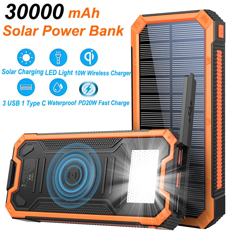 

30000mAh Solar Power Bank Fast Wireless Charger for iPhone 16 Samsung Huawei Xiaomi PD 20W Fast Charging Powerbank Camping Light