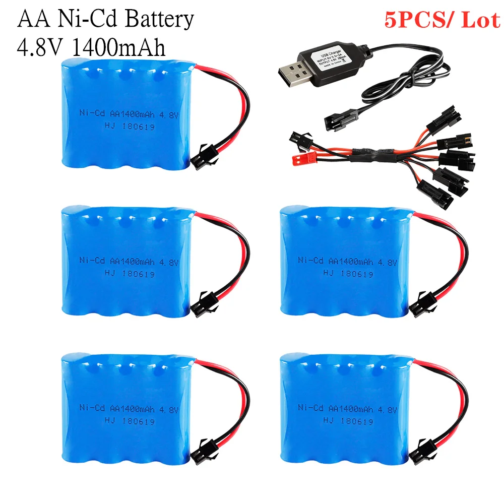 4.8v 1400mah NICD Battery+USB Charger For Rc toys Cars Boats Tanks Robots Guns Parts Ni-Cd Rechargeable Battery Pack SM 5pcs/lot