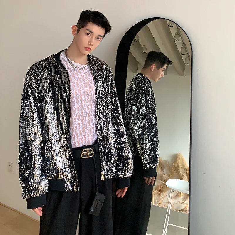 YASUGUOJI New Sequined Bomber Jacket Men 2022 Shiny Sequins Glitter Zipper Coat Hip Hop Loose Night Club Stage Streetwear Coats