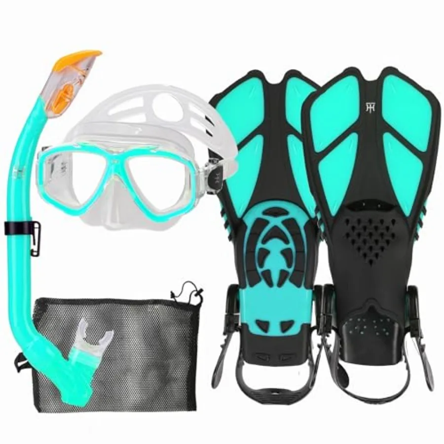 

Mask Fins Snorkel Set Snorkeling Packages, with Diving Mask, Snorkel, Adjustable Swim Fins, Mesh Bag, Anti-Fog Anti-Leak Snorke