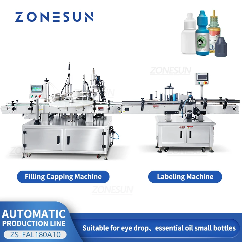 ZONESUN Linea di imballaggio automatica per bottiglie con contagocce Etichettatrice per tappatura di riempimento di liquidi per gocce di olio essenziale ZS-FAL180A10