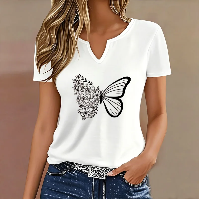Damen Casual Mode Y2k Vintage Schmetterling T-Shirts Kurzarm Tee-Shirt mit V-Ausschnitt Sommer Frühling T-Shirt V-Neck