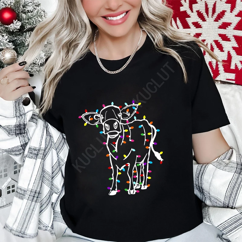 Cute Cow Christmas Lights Shirt Funny Heifers Christmas T-shirts Cow Holiday Tees Cow Lover Xmas Gift Farm Christmas Tshirts Top