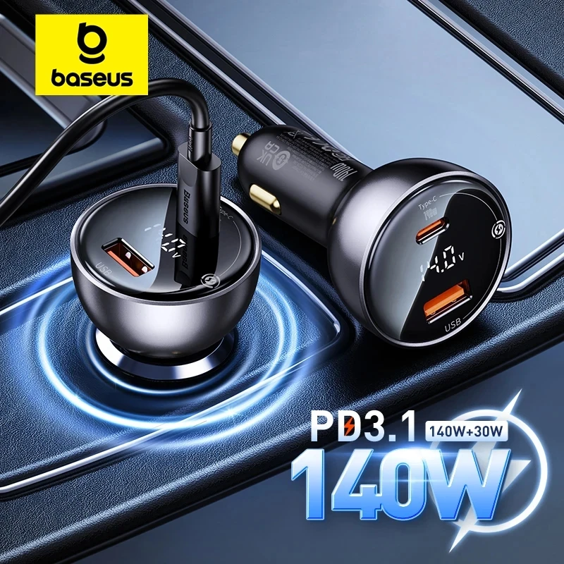 Автомобильное зарядное устройство Baseus 140 Вт PD3.1, быстрая зарядка QC3.0, быстрая зарядка для ноутбука Macbook Pro, автомобильное зарядное устройство USB Type-C для телефона iPhone 16