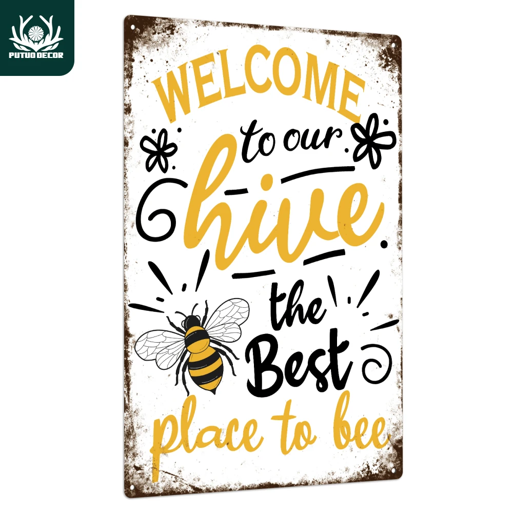 

Putuo Decor Welcome Metal Signs, Tin Plaque Painting Retro Bee Decoration Plate Iron Wall Art Decor for Home Bedroom Farm