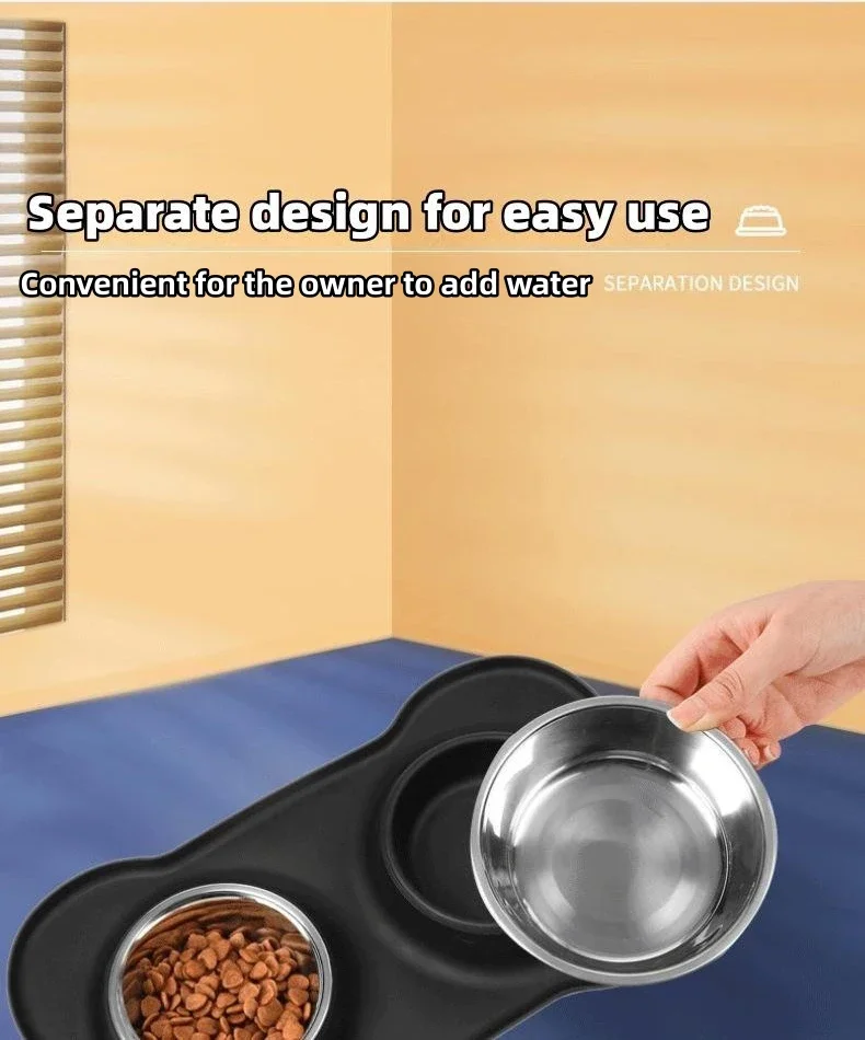 Silicone pet cat and dog bowl stainless steel double bowl anti-spill easy to clean for eating and drinking