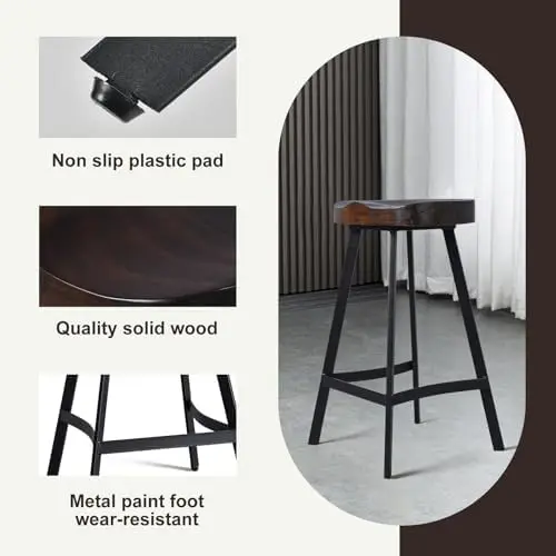 Industrial Counter Height Kitchen Stool, Backless Banquetas de jantar, Metal e Madeira, Empilhável, Totalmente W, Conjunto de 2, 26,77"